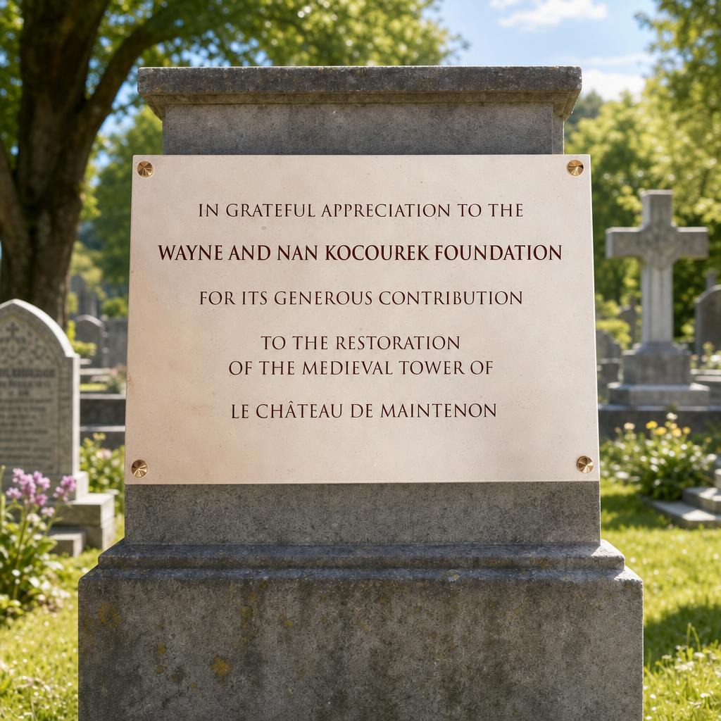 Plaque funéraire gravée sur pierre claire avec fixation en laiton