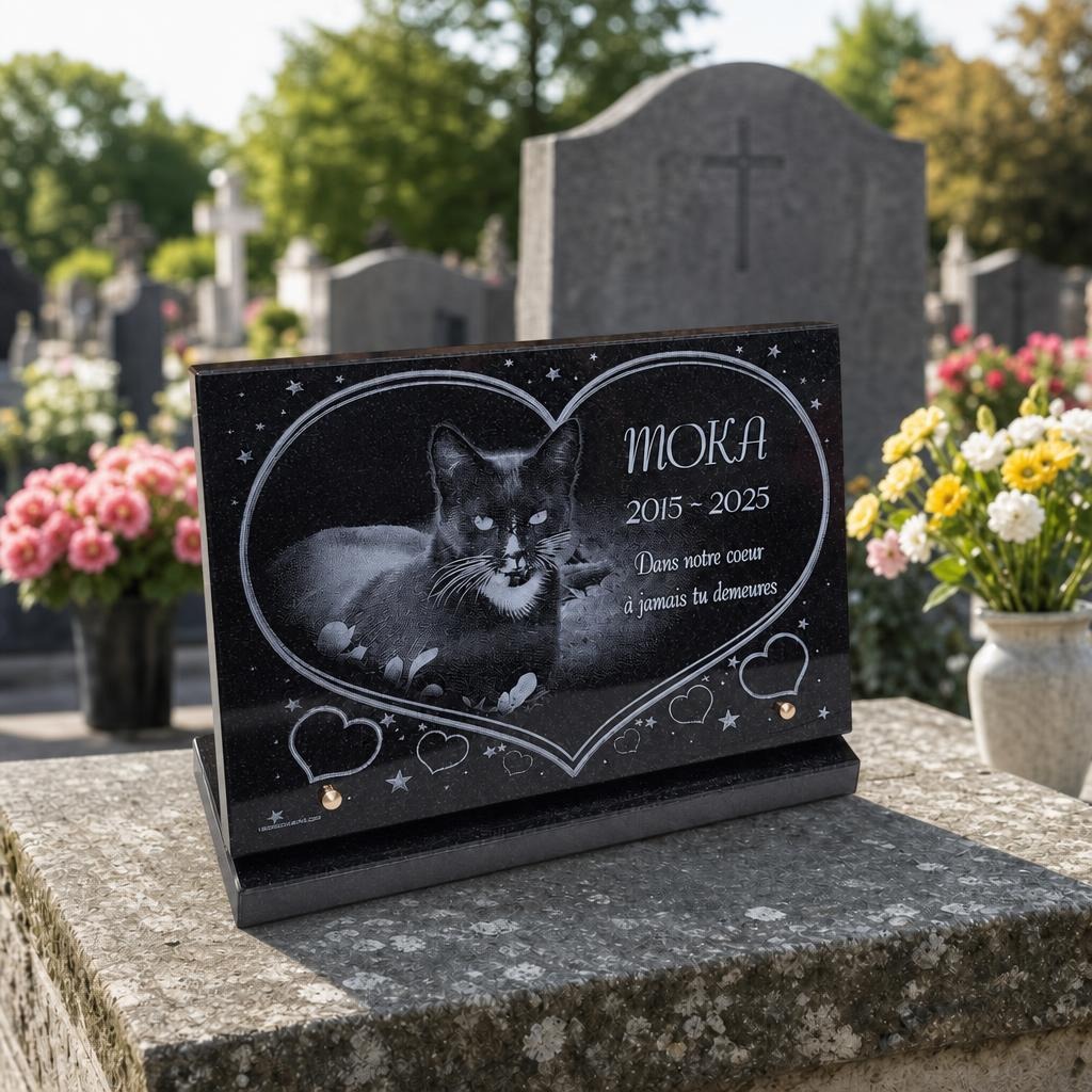 Plaque funéraire pour chat en granit noir avec gravure personnalisée