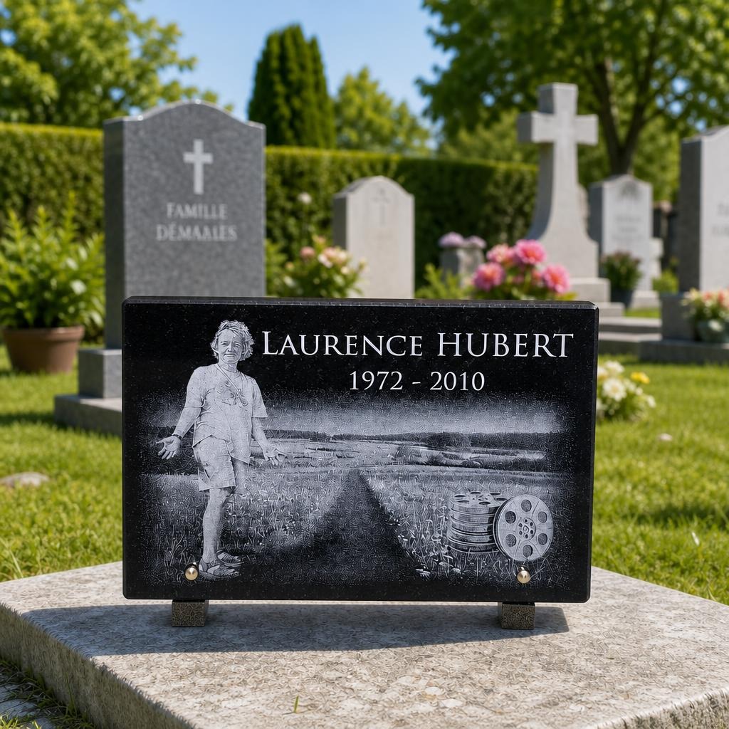 Plaque funéraire en granit noir avec portrait gravé et motif cinéma