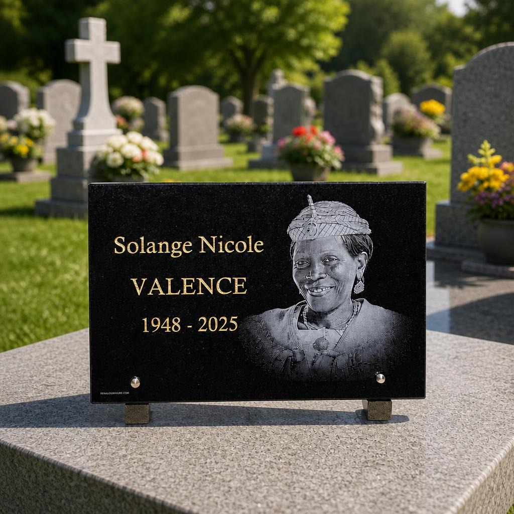 Plaque funéraire en granit noir avec portrait gravé