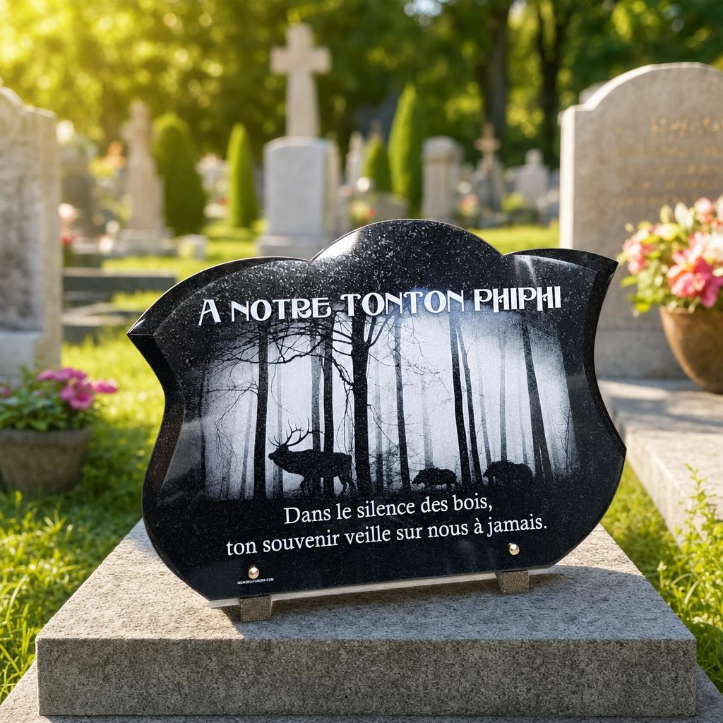 Plaque funéraire en granit noir avec forêt et cerf gravés