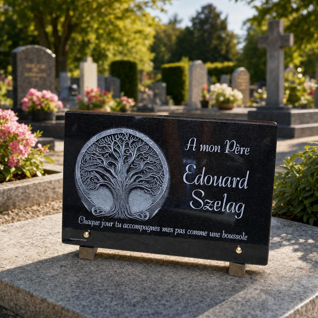 Plaque funéraire personnalisée pour un père avec arbre de vie gravé