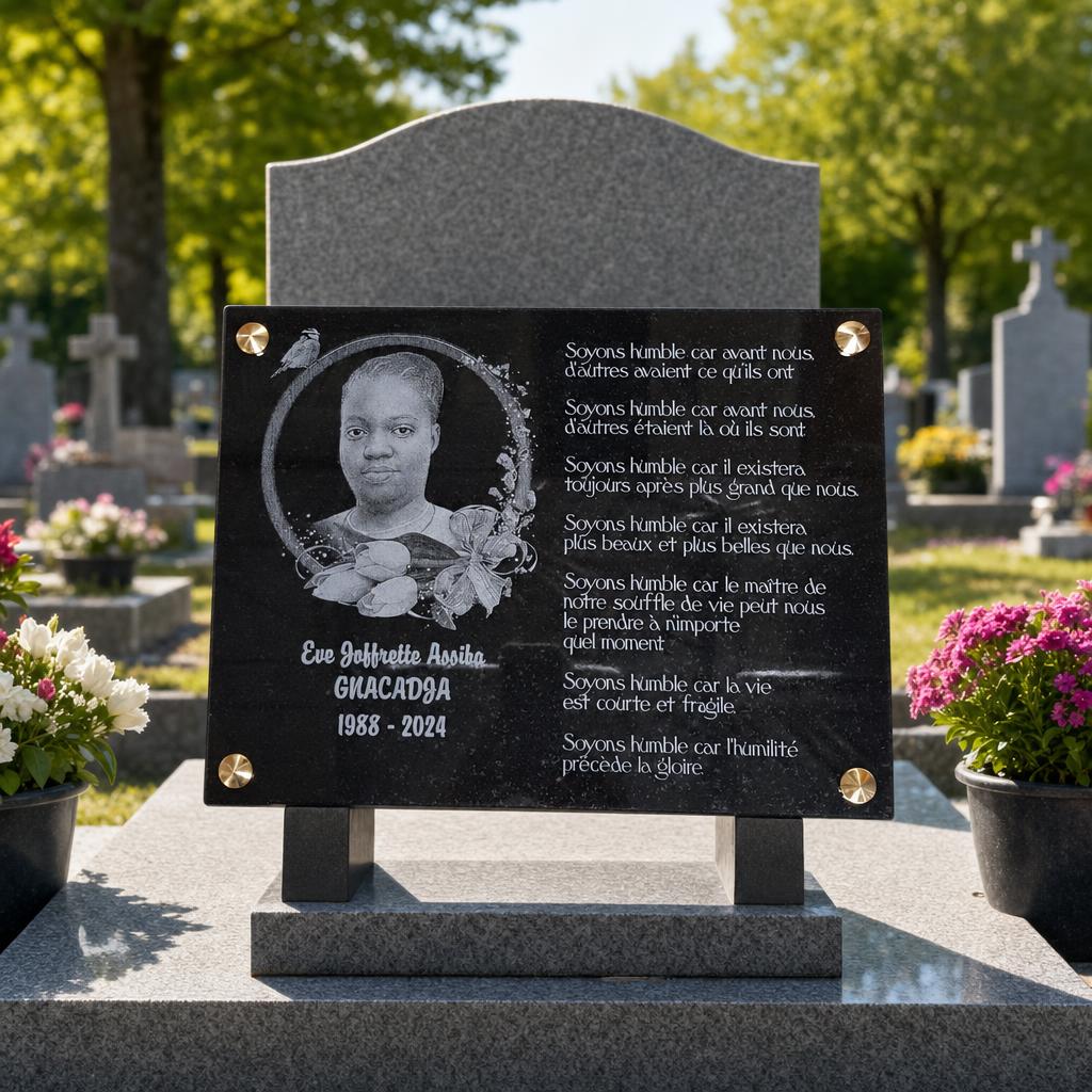 Plaque funéraire personnalisée avec portrait gravé et texte hommage