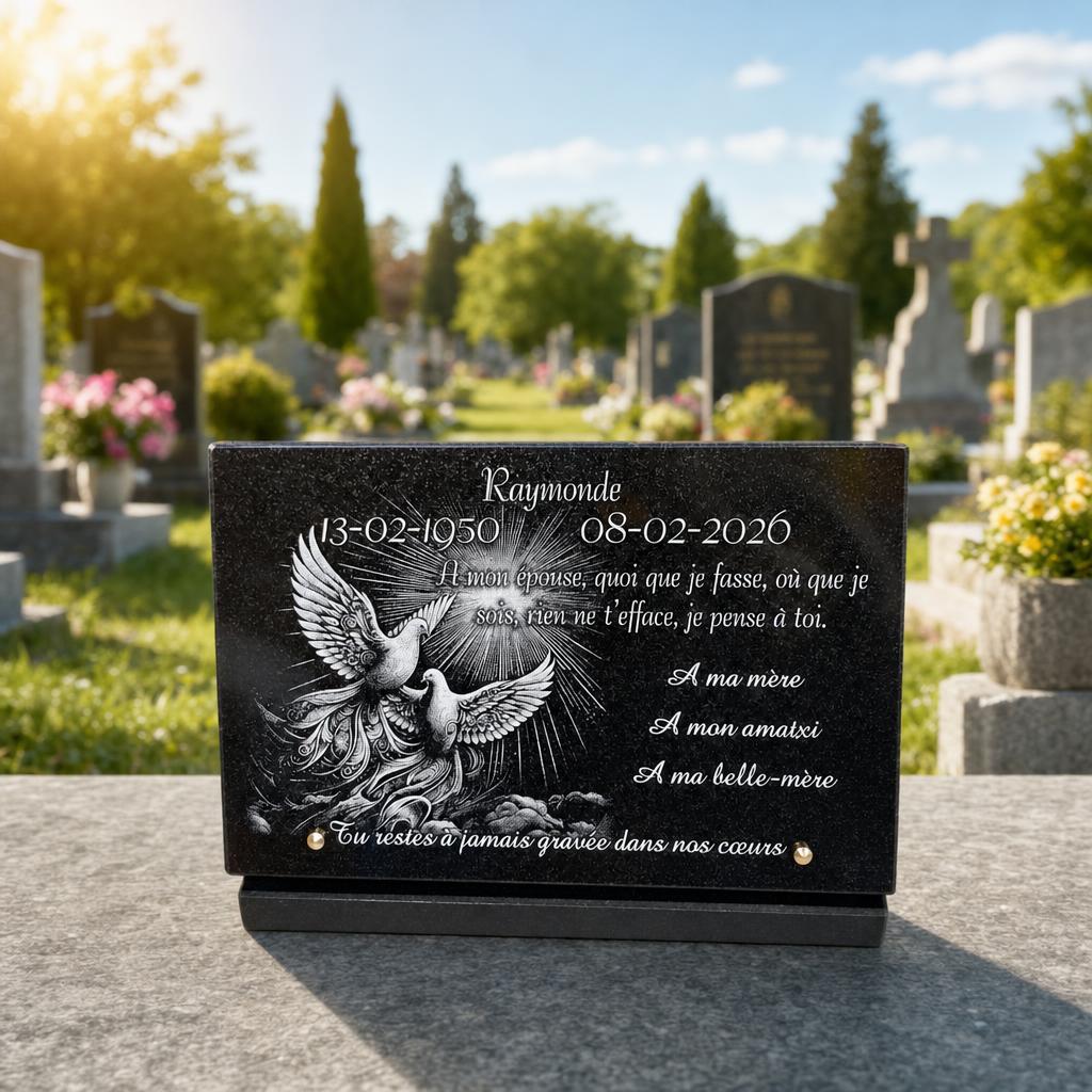 Plaque funéraire en granit noir avec colombes gravées