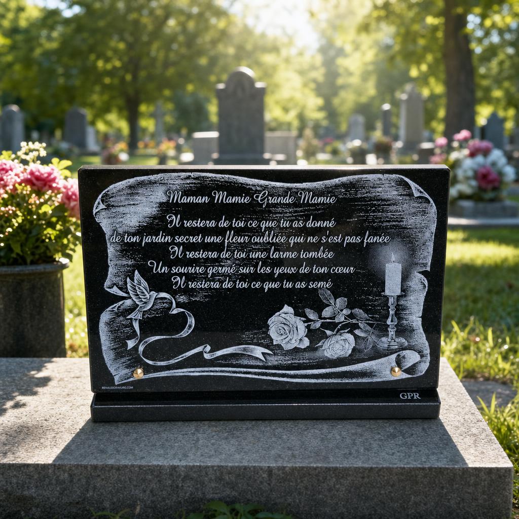 Plaque funéraire pour maman, mamie et grande mamie avec gravure poétique