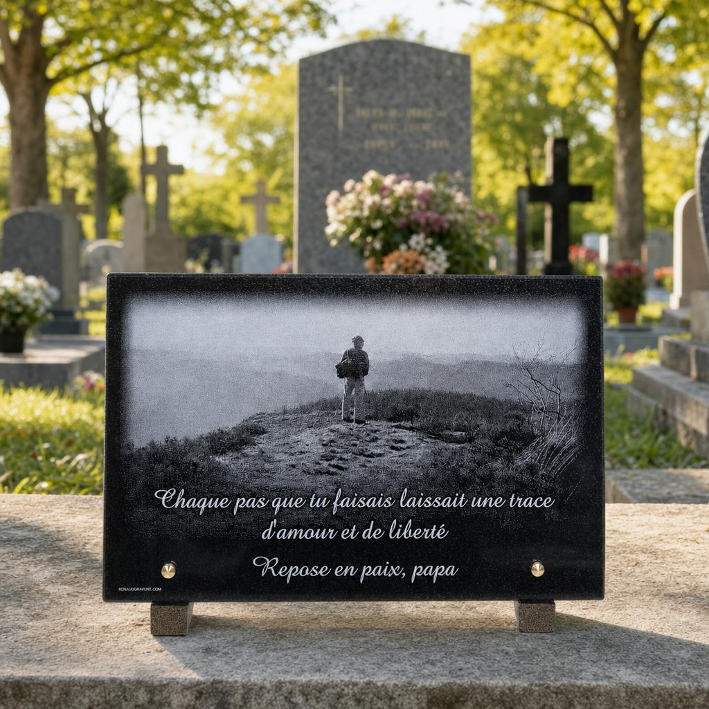Plaque funéraire personnalisée pour papa avec paysage de montagne