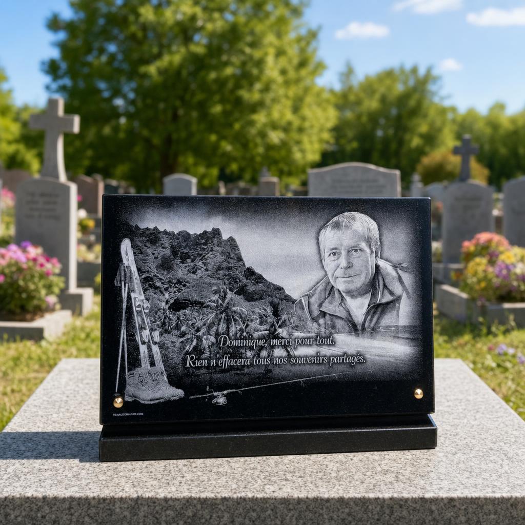 Plaque funéraire personnalisée avec portrait et paysage de montagne