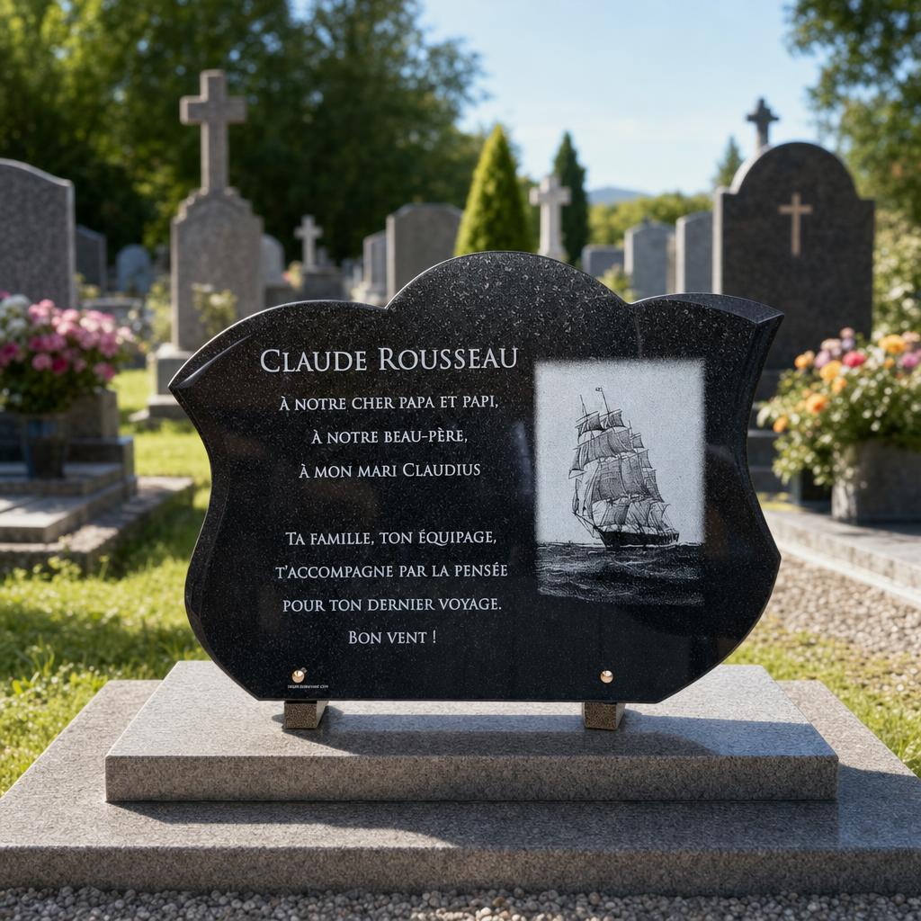 Plaque funéraire en granit noir avec gravure de voilier