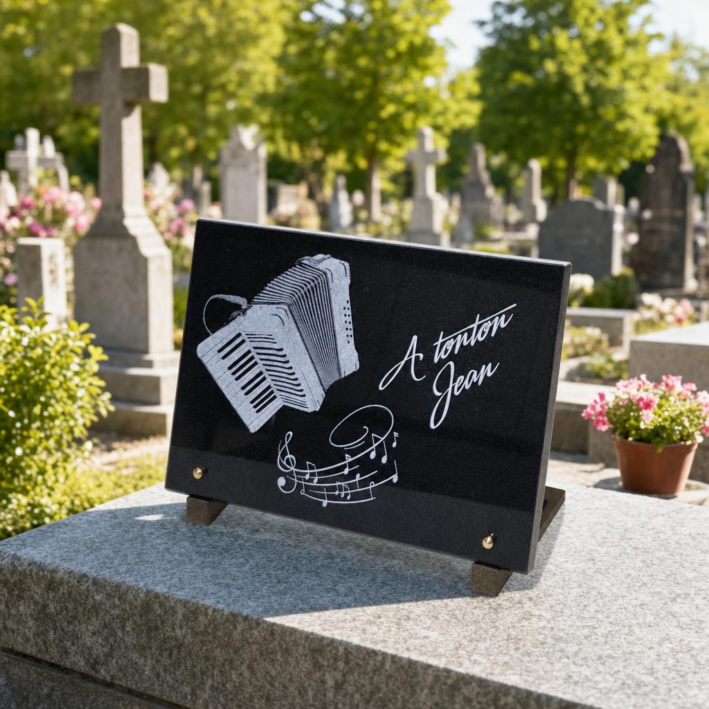Plaque funéraire musicale avec accordéon gravé