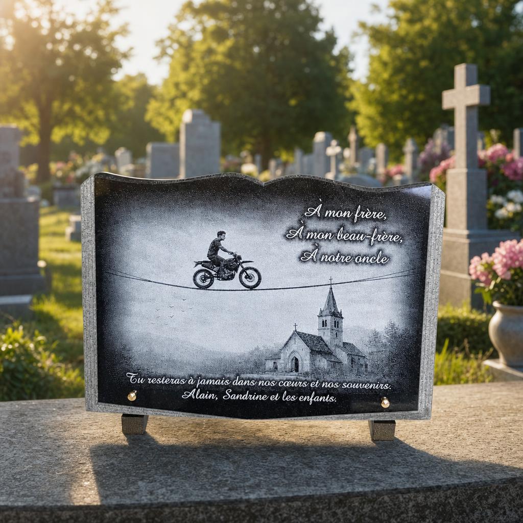 Plaque funéraire personnalisée pour motard avec paysage d’église