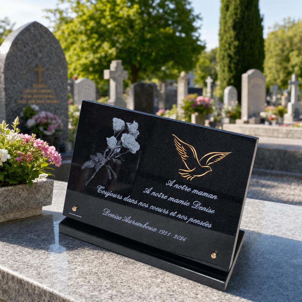 Plaque funéraire en granit noir avec colombe et roses gravées