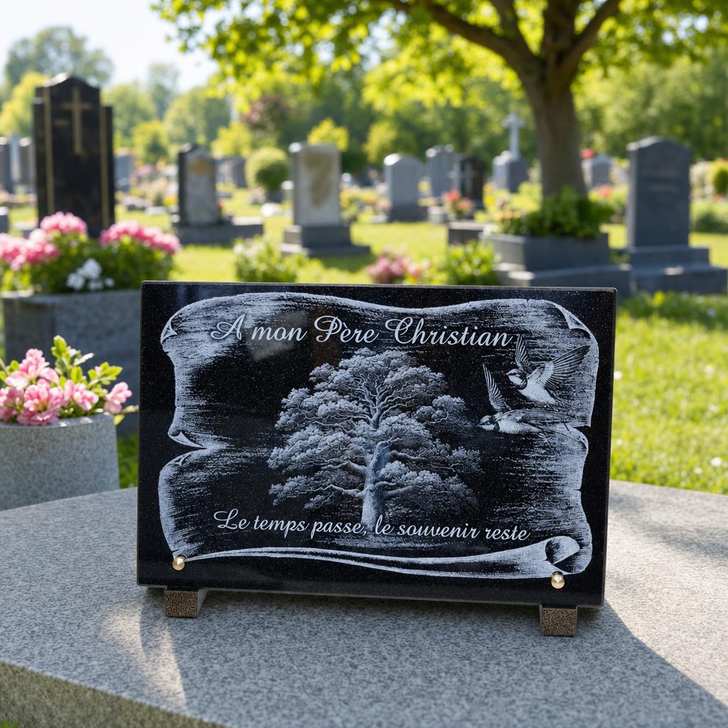 Plaque funéraire gravée pour un père avec arbre du souvenir