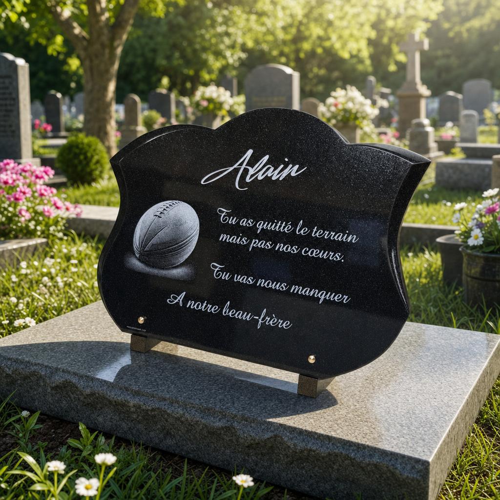 Plaque funéraire personnalisée pour Alain avec gravure ballon de rugby