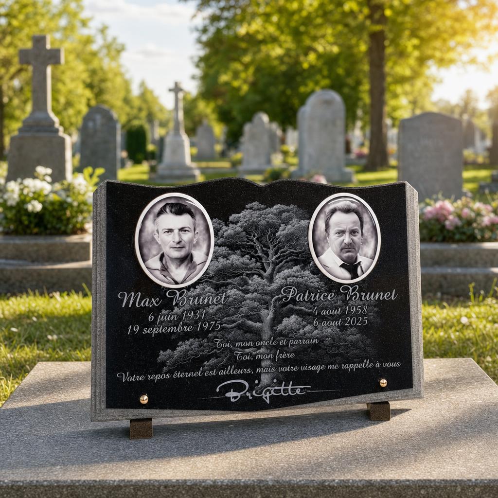 Plaque funéraire personnalisée en granit noir avec portraits et arbre gravé