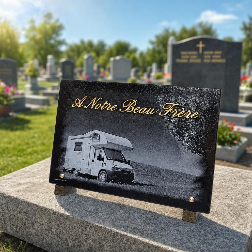 Plaque funéraire beau-frère avec gravure de camping-car