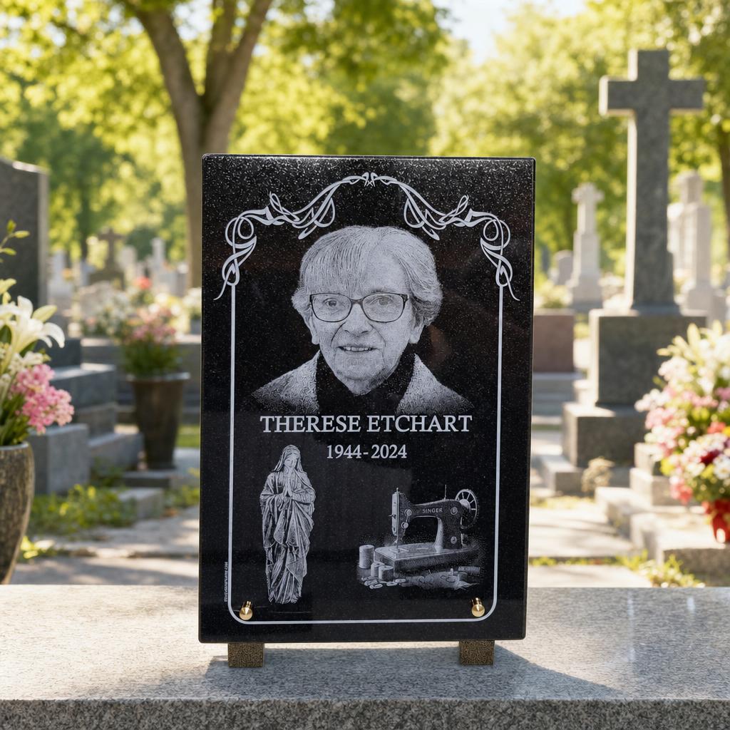 Plaque funéraire personnalisée avec portrait gravé et symboles de vie