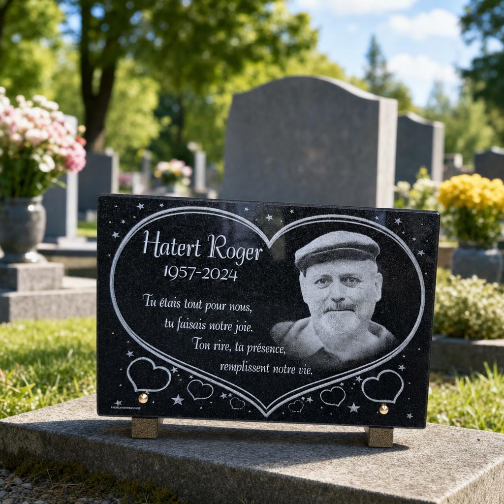 Plaque funéraire personnalisée avec portrait gravé et motif cœur