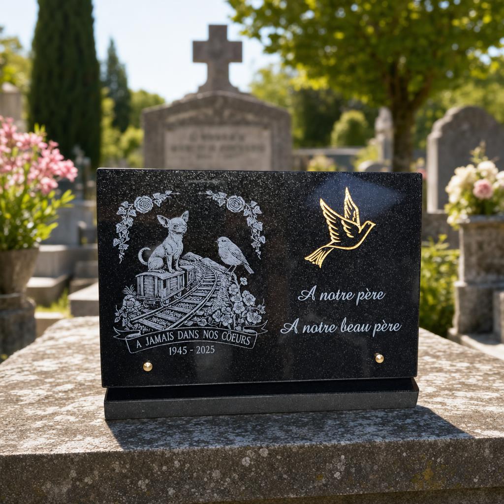 Plaque funéraire personnalisée en granit noir avec colombe dorée, chien et oiseau gravés