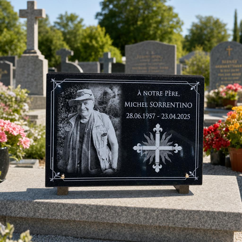 Plaque funéraire en granit noir avec portrait gravé et croix