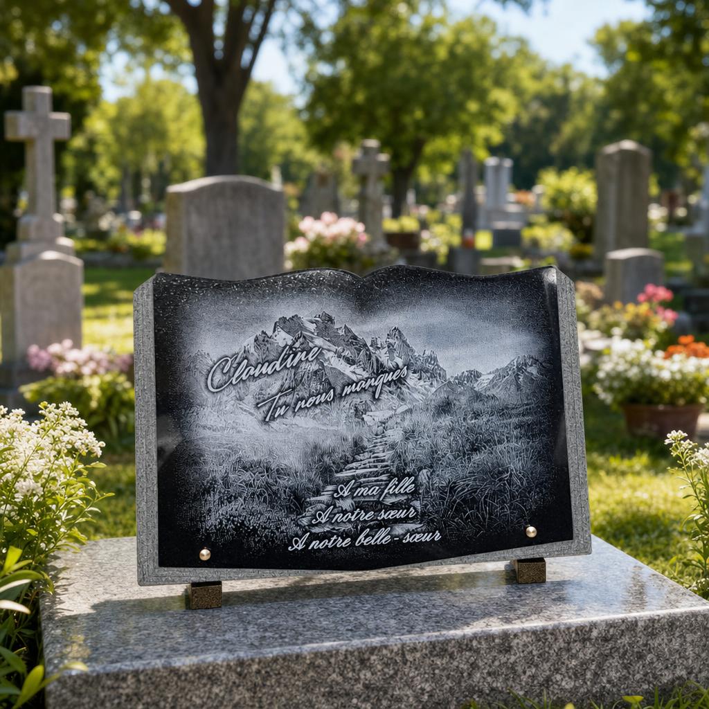 Plaque funéraire personnalisée avec gravure de montagne