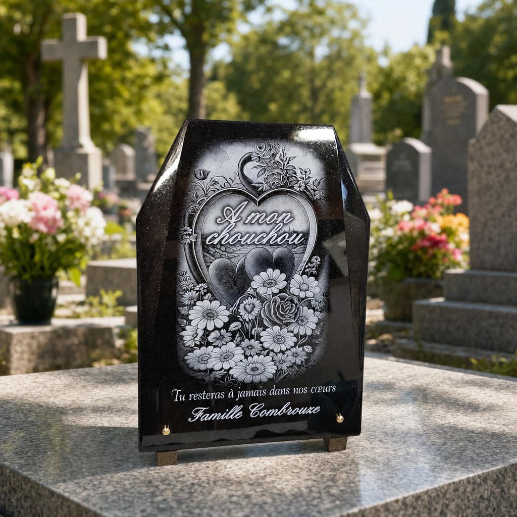 Plaque funéraire gravée en granit noir avec cœur et fleurs