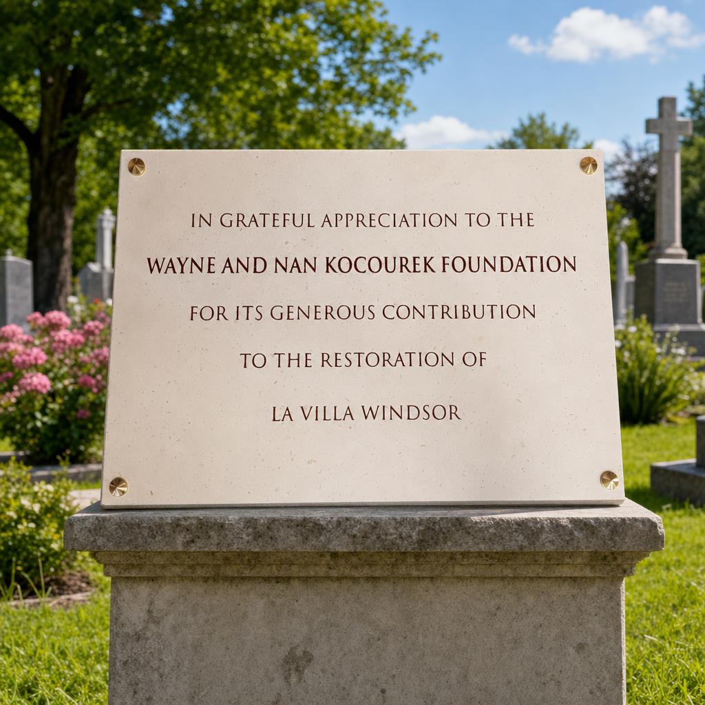 Plaque funéraire en pierre claire avec gravure commémorative