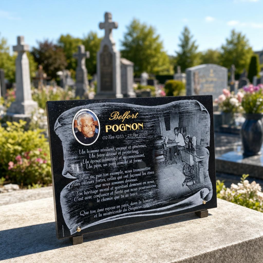 Plaque funéraire personnalisée en granit noir avec portrait et gravure hommage