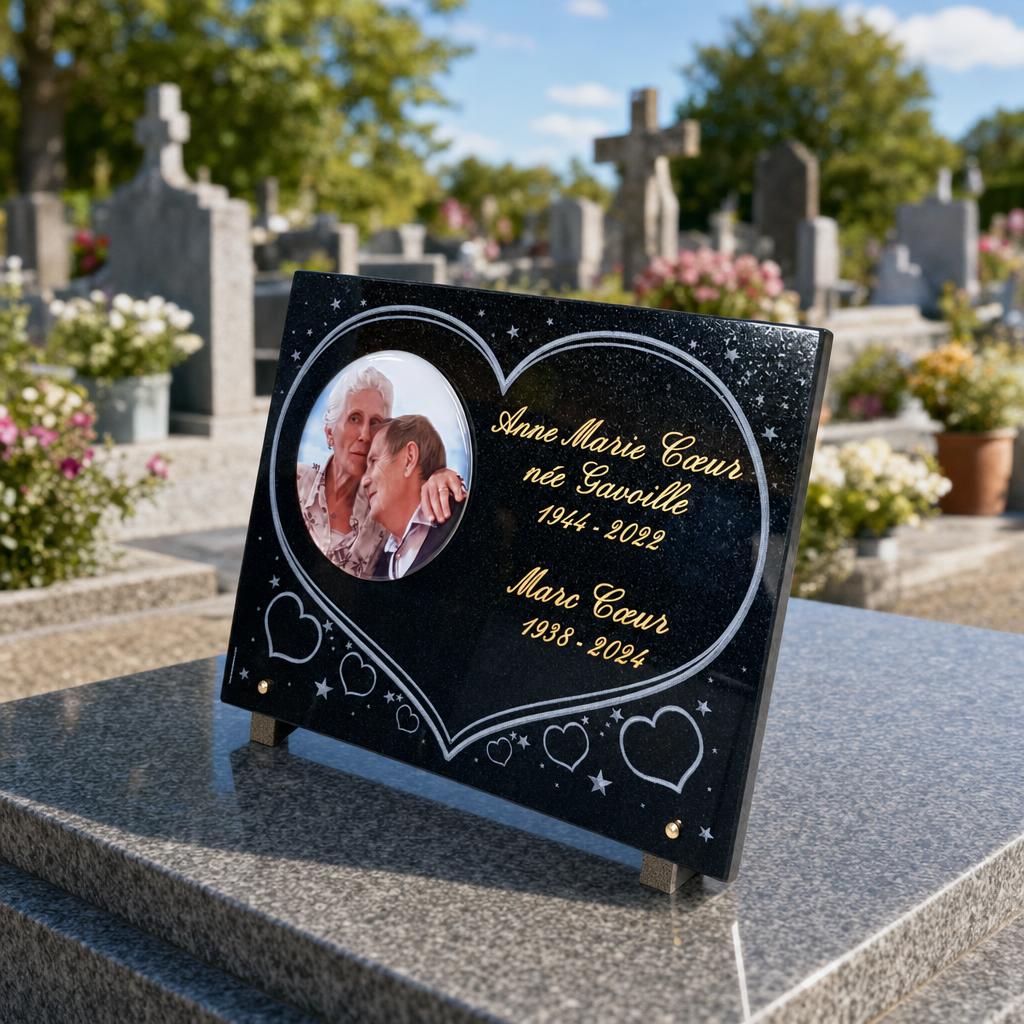 Plaque funéraire cœur avec photo et gravure dorée