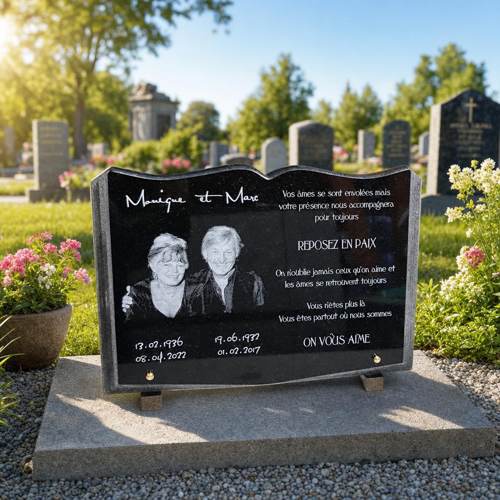 Plaque funéraire personnalisée en granit noir avec portrait gravé
