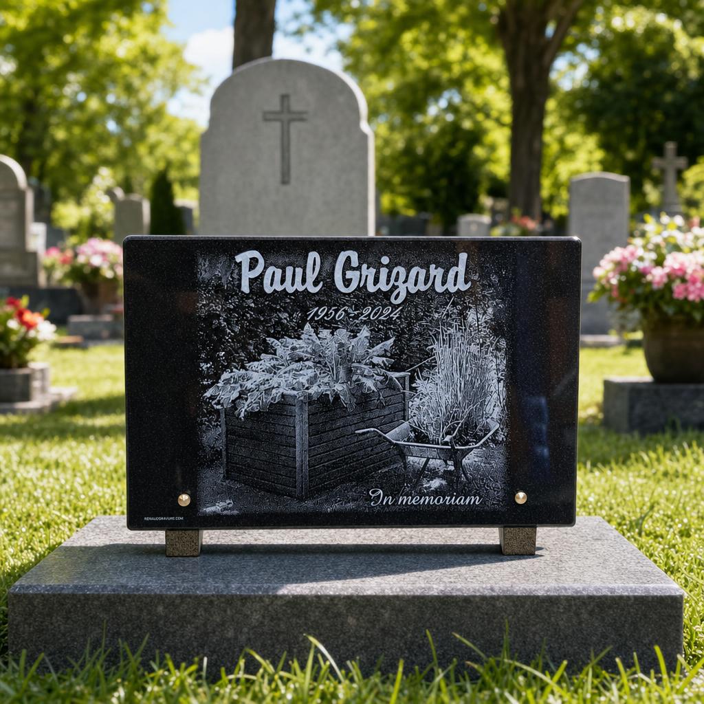 Plaque funéraire gravée avec scène de jardin