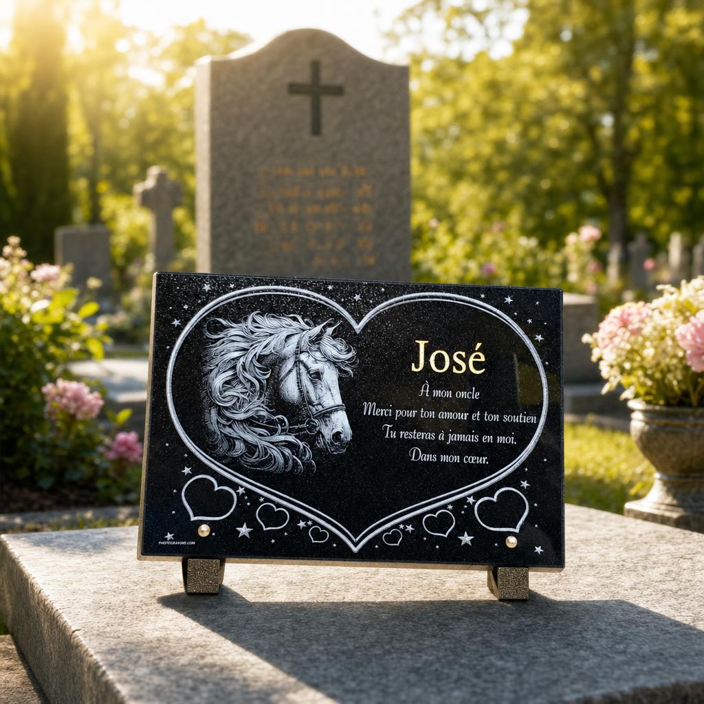 Plaque funéraire personnalisée avec cheval gravé pour un hommage à un oncle