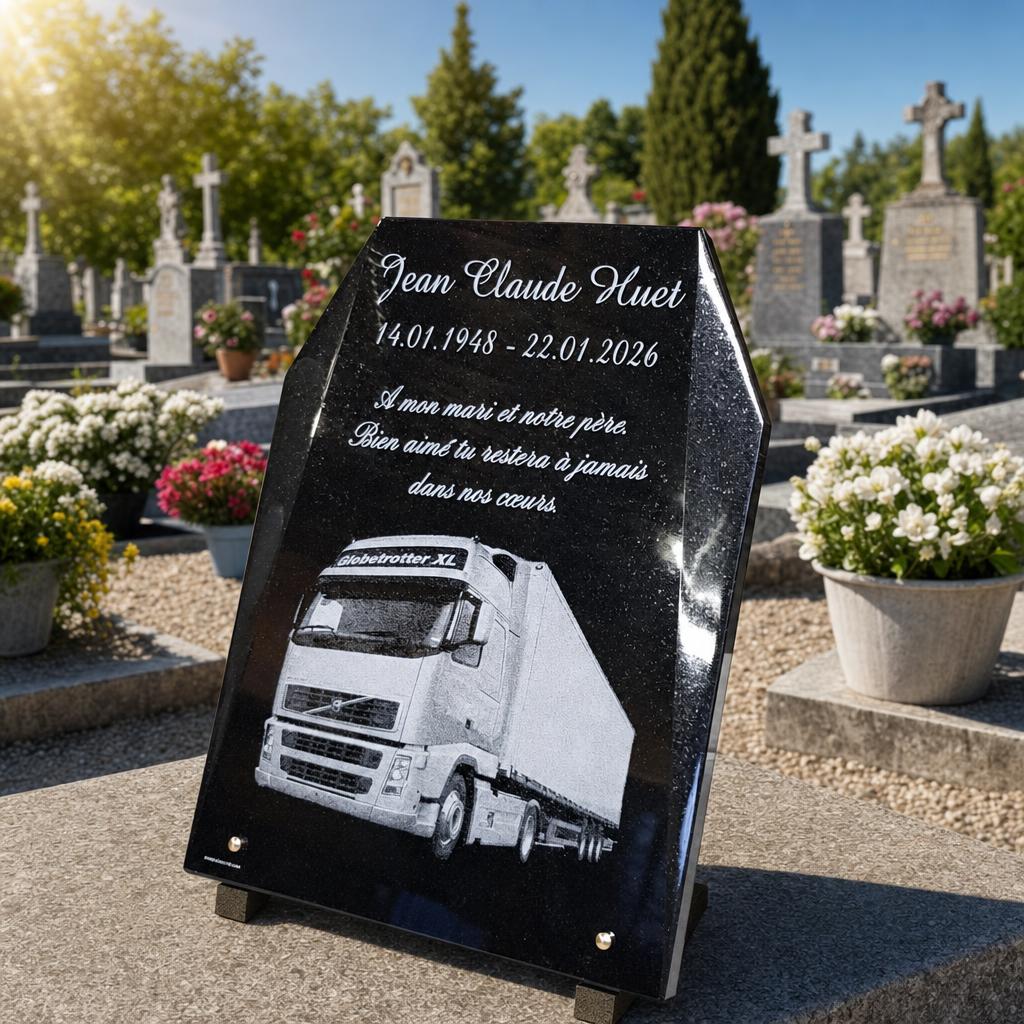 Plaque funéraire personnalisée avec gravure de camion