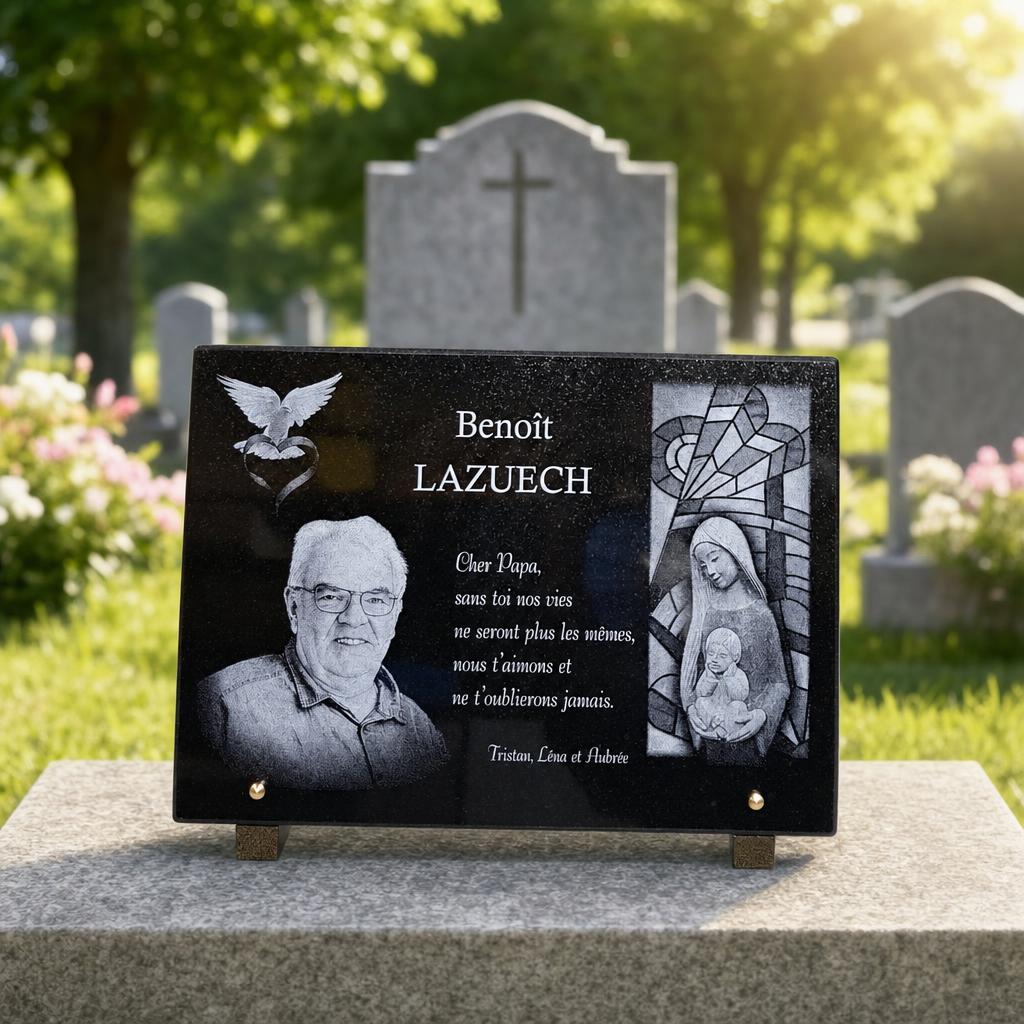 Plaque funéraire RENAUD Gravure en granit noir avec portrait et motif religieux