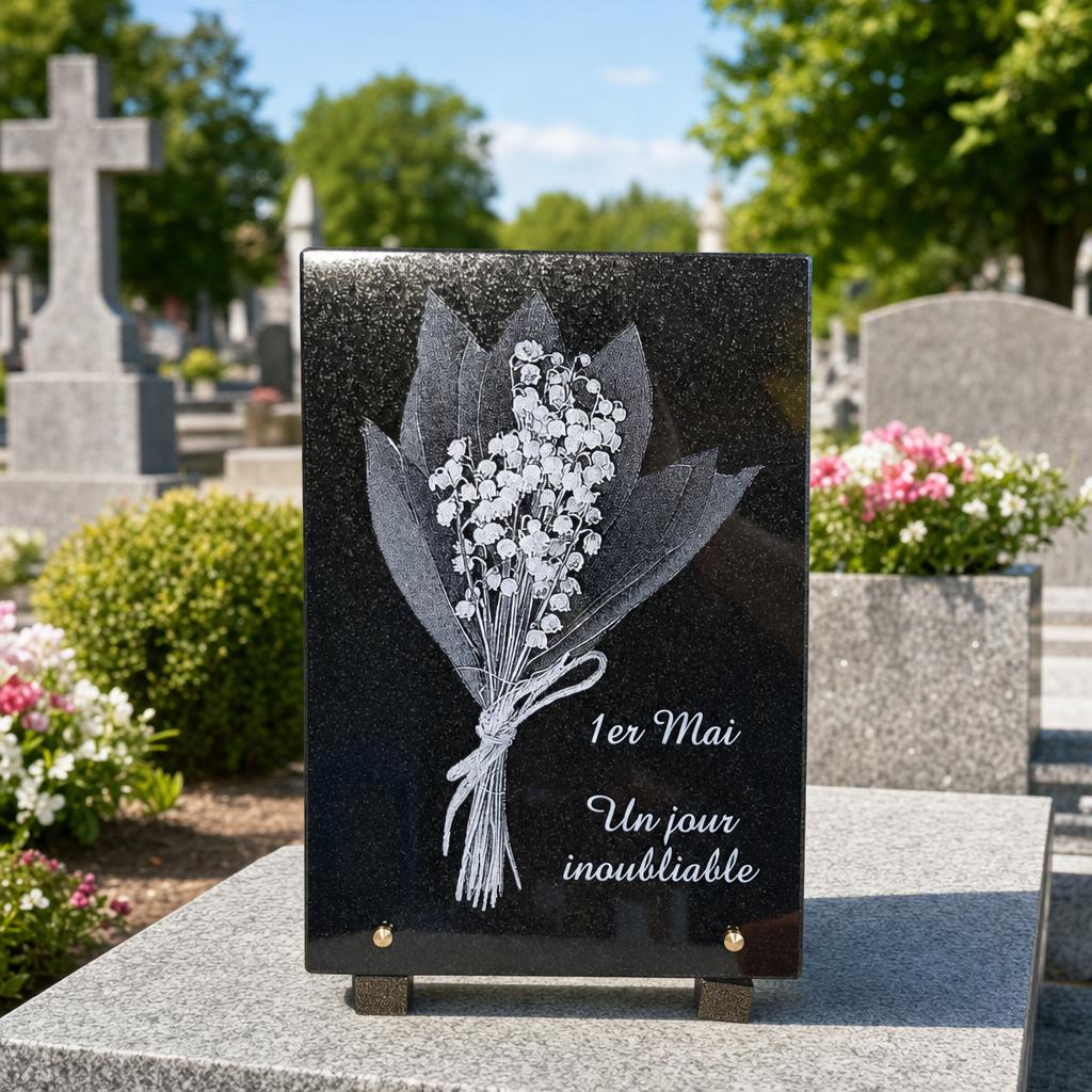 Plaque funéraire en granit noir avec bouquet de muguet gravé