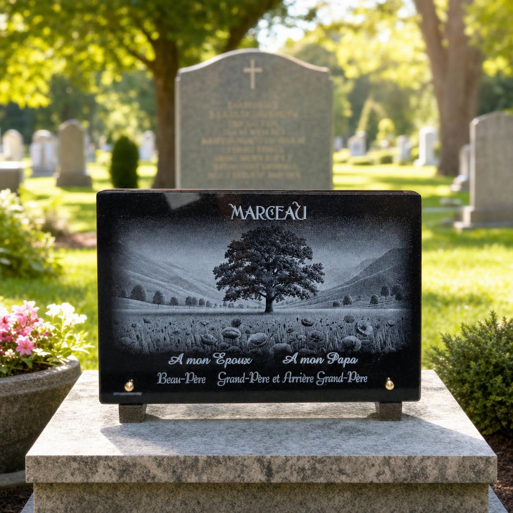 Plaque funéraire en granit noir avec gravure paysage et arbre