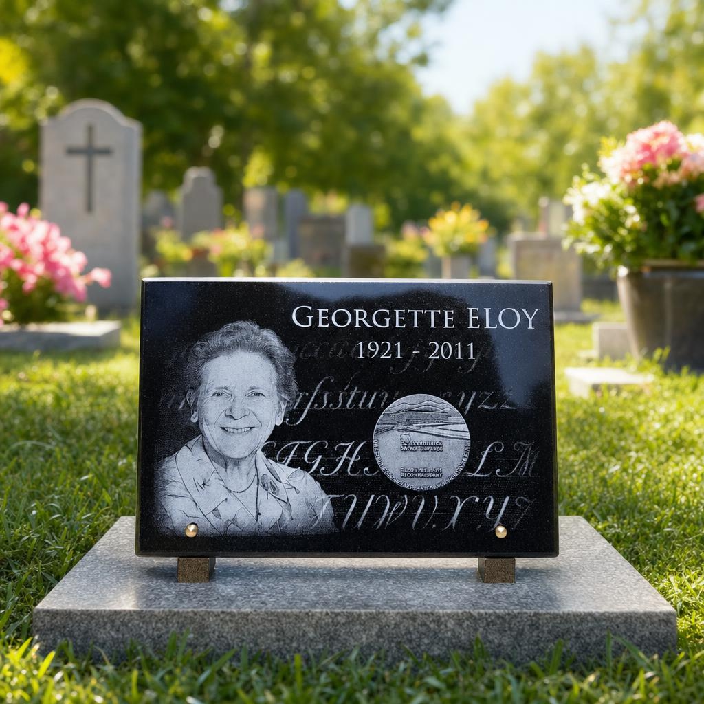 Plaque funéraire personnalisée avec portrait gravé sur granit noir