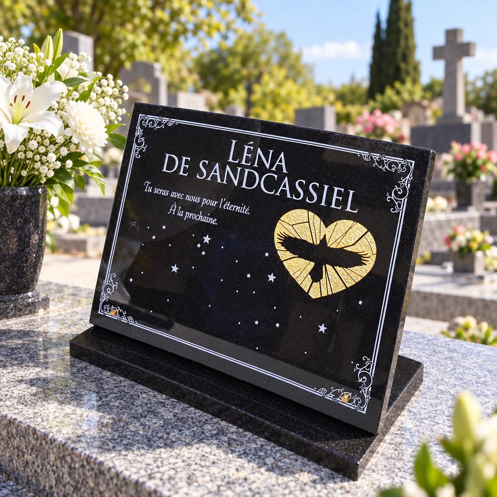 Plaque funéraire noire au cœur doré et à l’oiseau