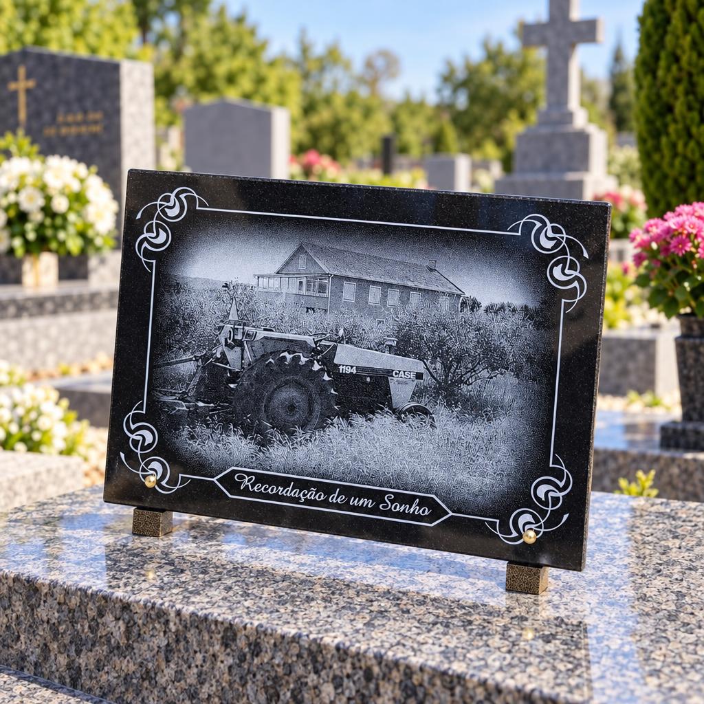 Plaque funéraire avec gravure d’un tracteur à la campagne