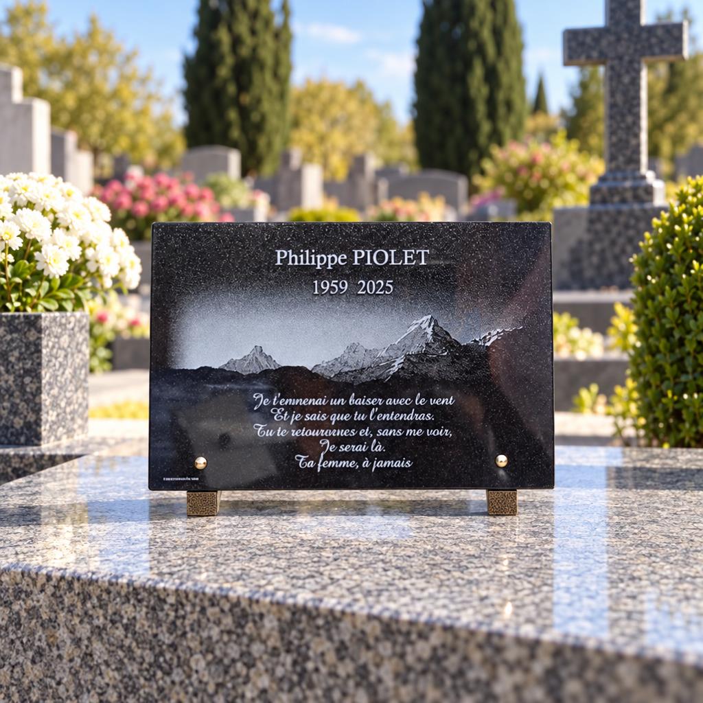 Plaque funéraire personnalisée au paysage de montagne