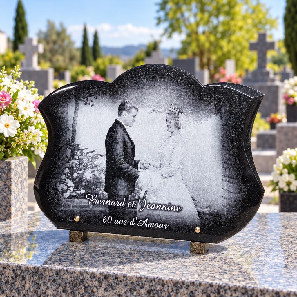 Plaque funéraire Bernard et Jeannine, 60 ans d’amour