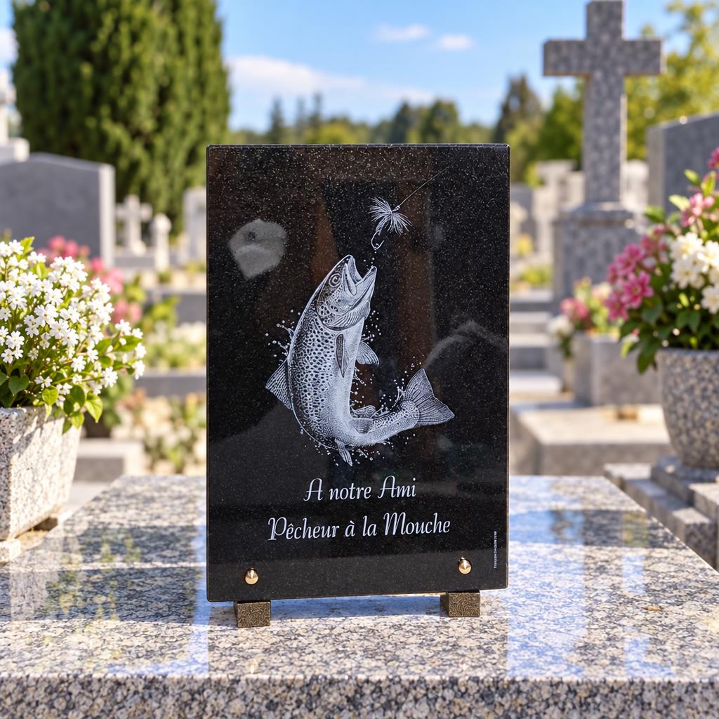 Plaque funéraire pour un passionné de pêche à la mouche