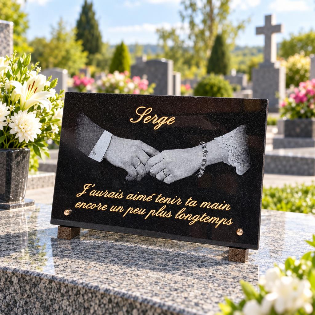 Plaque funéraire Serge : le souvenir d’une main tenue