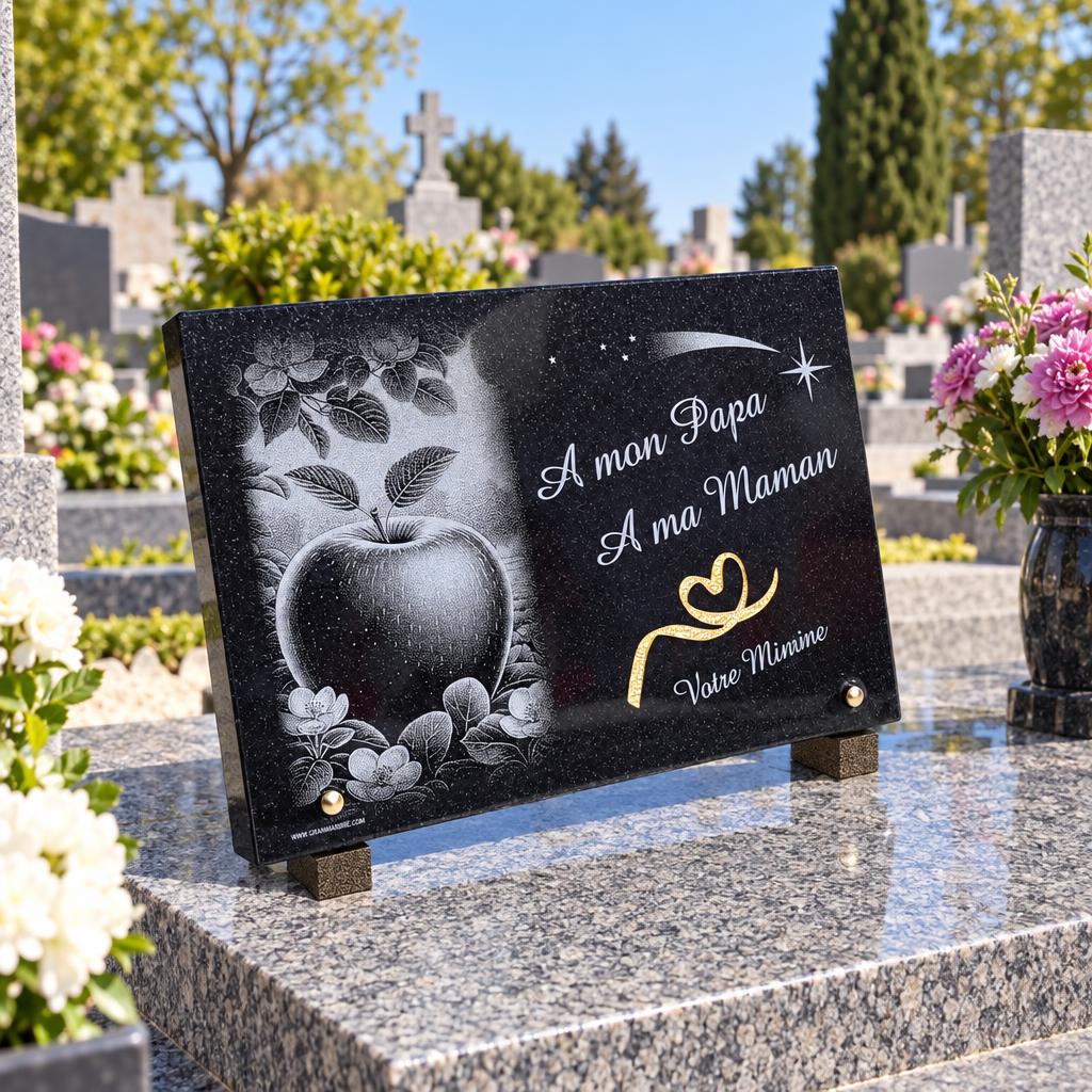 Plaque funéraire pour papa et maman, gravée d’une pomme et de fleurs