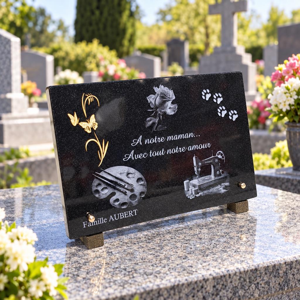 Plaque funéraire pour une maman, ornée de souvenirs personnels
