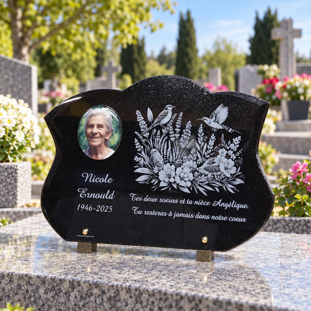 Plaque funéraire avec portrait, oiseaux et fleurs