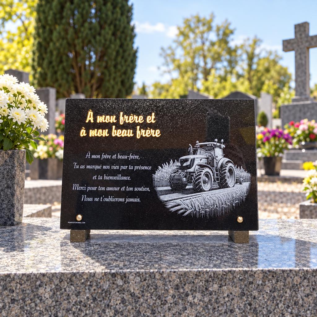 Plaque funéraire pour un frère avec gravure de tracteur