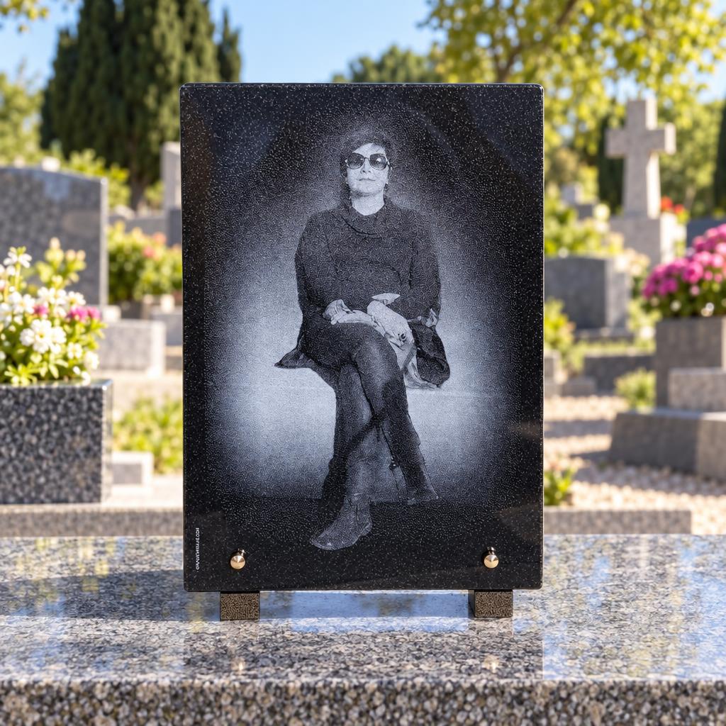 Plaque funéraire noire avec portrait gravé