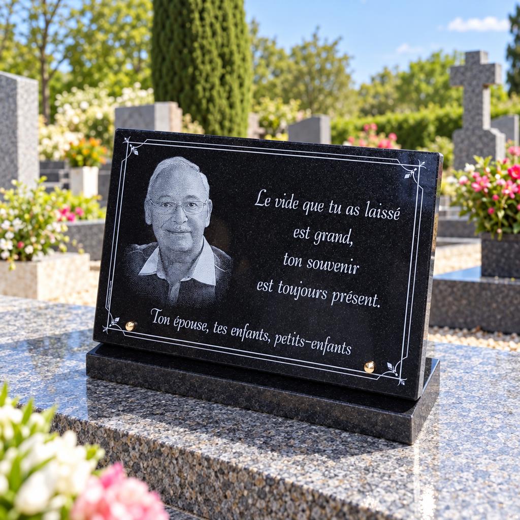 Plaque funéraire noire avec portrait gravé et hommage familial