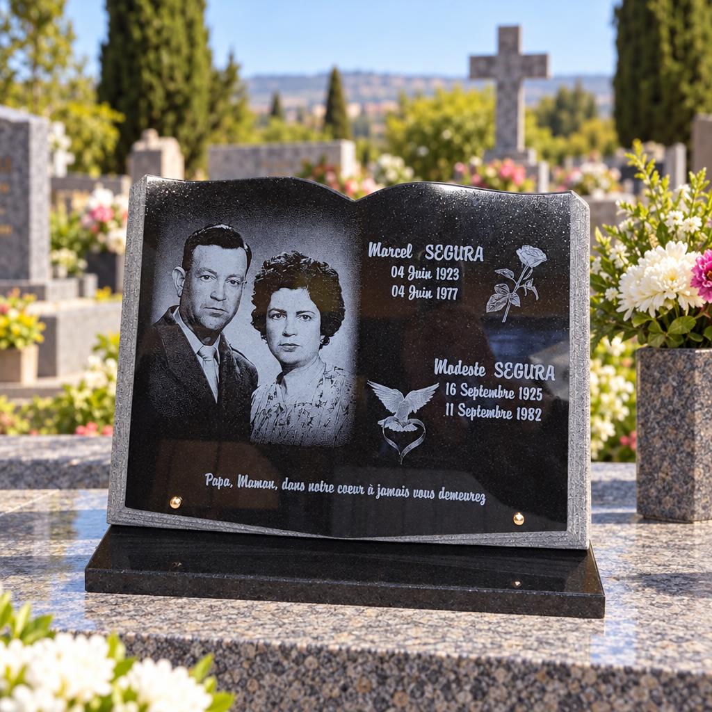 Plaque funéraire en forme de livre avec portraits gravés