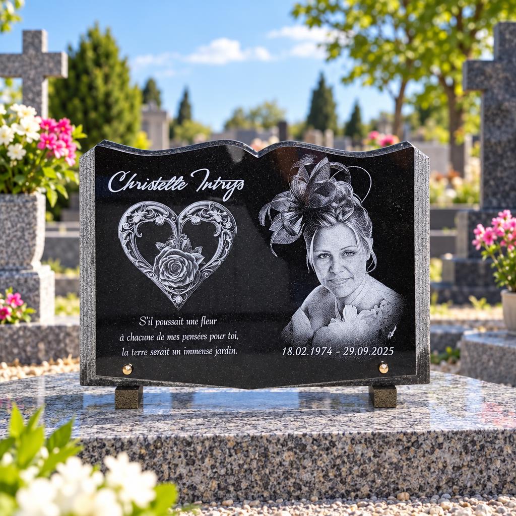 Plaque funéraire en granit noir avec portrait et cœur fleuri